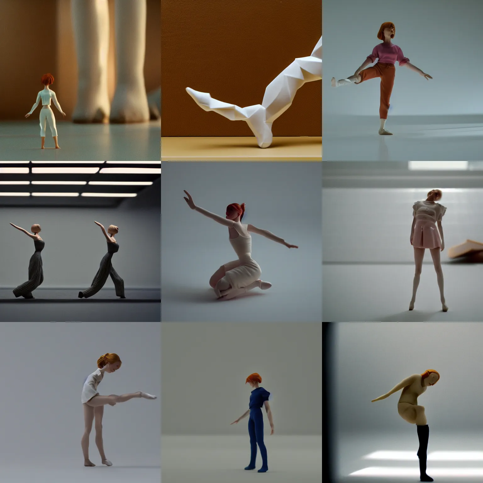 Prompt: beautiful three point perspective film still of holly herndon character study scene in merce cunningham, extreme closeup portrait in style of frontiers in miniature porcelain photography fashion architectural art studio seinen manga edition, origami model, pointe pose, tilt shift background, soft lighting, kodak portra 4 0 0, 8 k, macro, cinematic style by emmanuel lubezki