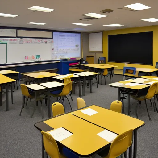 Prompt: a gold filled classroom