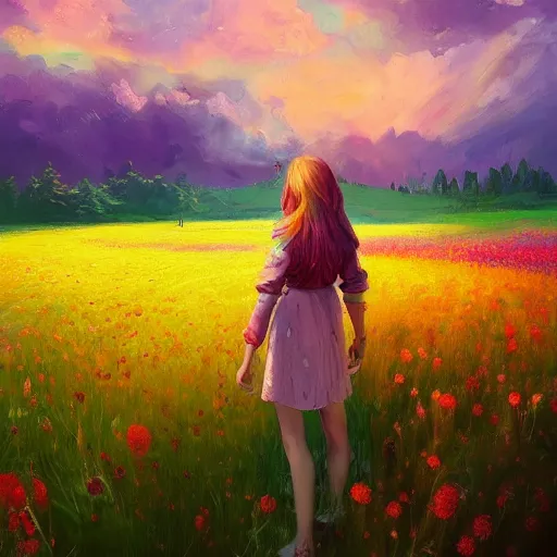 Image similar to girl with a flower face, surreal, bizzare, dreamlike, standing in flower field, in a valley, sunrise dramatic light, impressionist painting, colorful clouds, artstation, simon stalenhag