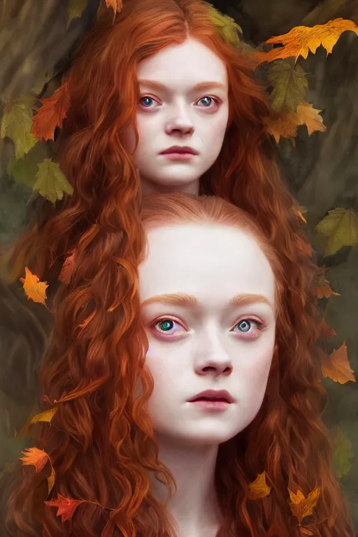 Image similar to sadie sink goddess of the autumn twilight, highly detailed, digital painting, artstation, concept art, smooth, sharp focus, illustration, unreal engine 5, 8 k, art by artgerm and greg rutkowski and edgar maxence