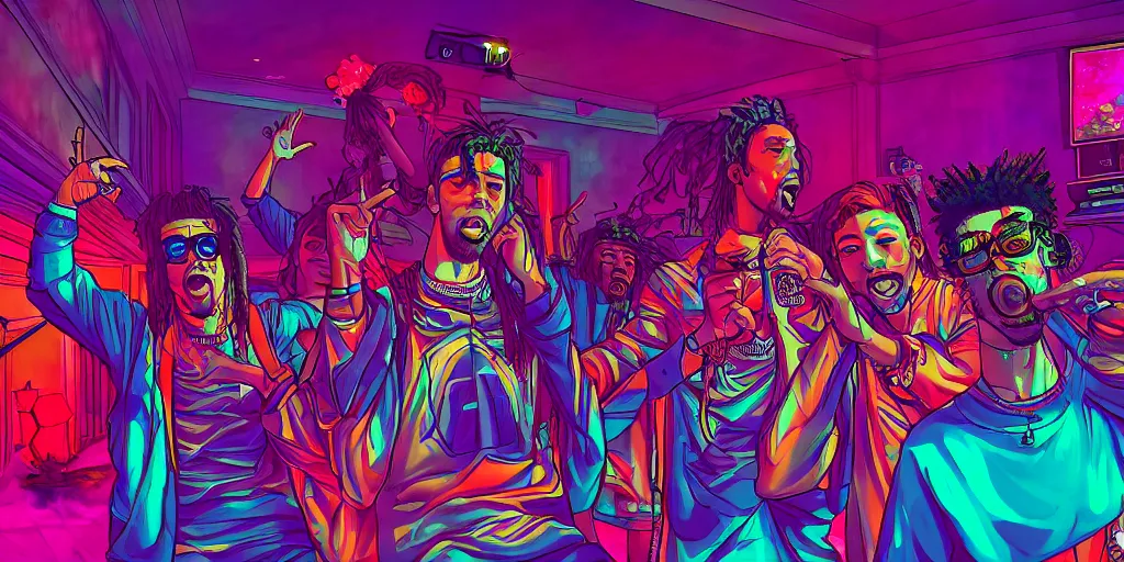 Image similar to friends rapping together in living room, party, epic pose, digital art, vaporwave, psychedelic, surreal, hip hop, trending on Artstation, professional artist, detailed, 4k