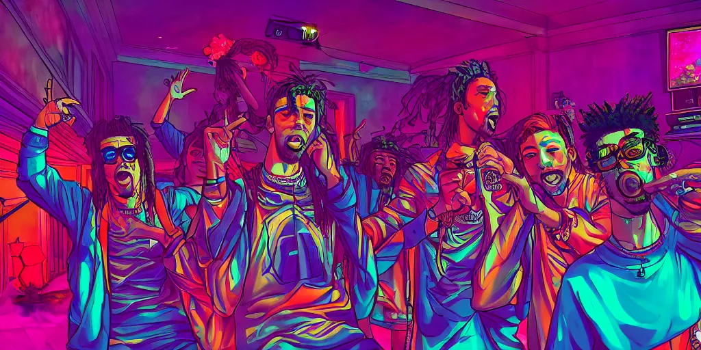 Prompt: friends rapping together in living room, party, epic pose, digital art, vaporwave, psychedelic, surreal, hip hop, trending on Artstation, professional artist, detailed, 4k