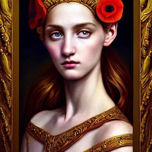 Image similar to portrait of the beautiful young goddess of poppy, surreal, fantasy, intricate, elegant, dramatic lighting, emotionally evoking symbolic metaphor, highly detailed, lifelike, photorealistic, digital painting, painterly, artstation, concept art, smooth, head in focus, sharp focus, illustration, art by John Collier and Krenz Cushart and Artem Demura and Alphonse Mucha and Albert Aublet,