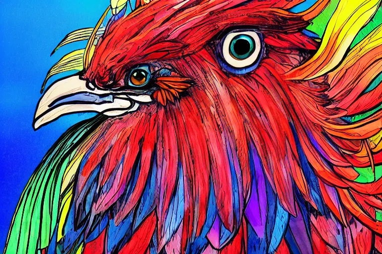 Prompt: illustration of an ominous rooster with feathers of many colors, by feifei ruan and javier medellin puyou and tim lord, lively colors, portrait, sharp focus, colored feathers, jungle