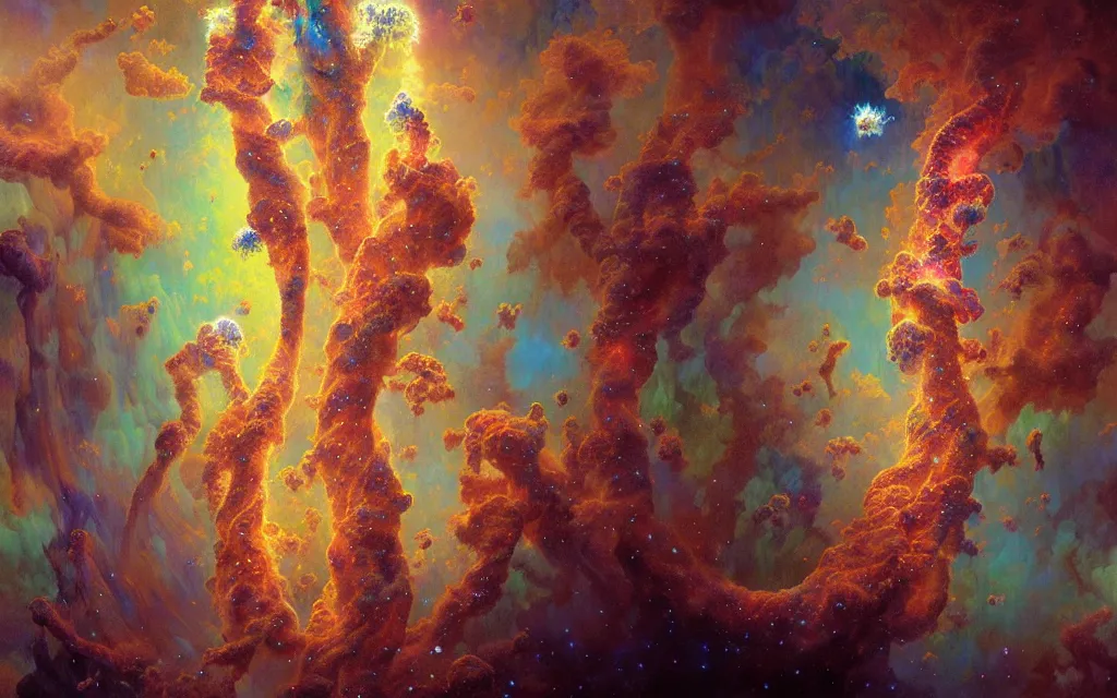 Image similar to psychedelic transcendent puffs of smoke explosion, fireworks, pillars of creation, enlightenment, high contrast lighting, highly detailed, concept art, art by collier, albert aublet, krenz cushart, artem demura, alphonse mucha