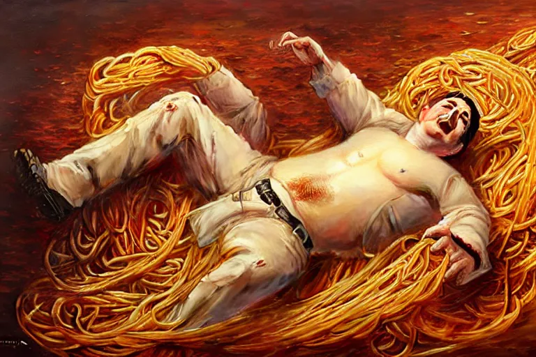 Image similar to portrait of ted cruz rolling around in spaghetti, an oil painting by ross tran and thomas kincade