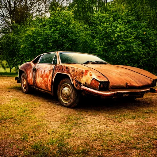 Image similar to old ((rusty)) lamborghini, 4k photo