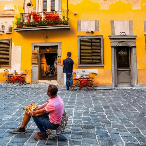 Image similar to a man and a woman eating a pizza in Pisa, Italy. Sunset, street photgraphy