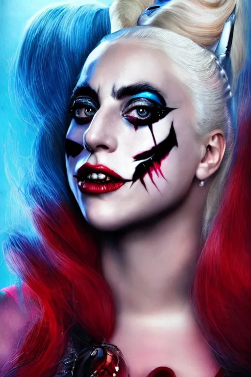 Image similar to majestic and regal portrait of lady gaga as harley quinn, dc universe, perfect face, beautiful, intricate, epic, elegant, fantasy, highly detailed, digital painting, hard focus, beautiful volumetric lighting, epic light, ultra detailed, by leesha hannigan, ross tran, thierry doizon, kai carpenter, ignacio fernandez rios