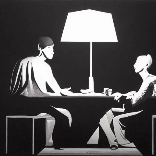 Image similar to the installation art depicts two people, a man and a woman, sitting at a table. the man is looking at the woman with a facial expression that indicates he is interested in her. the woman is looking at the man with a facial expression that indicates she is not interested in him. there is a lamp on the table between them. by andrew robinson mild