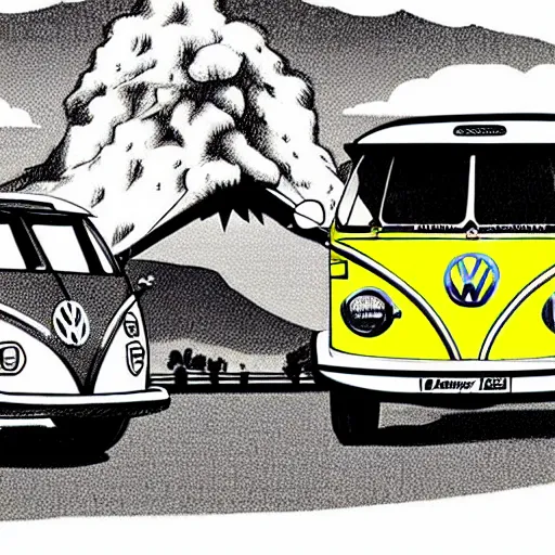 Image similar to a caricature drawing of a vw volkswagen bus, camper, bulli, type - 2, microbus, kombi, flying towards the camera, viewer, a vulcano is erupting in the background