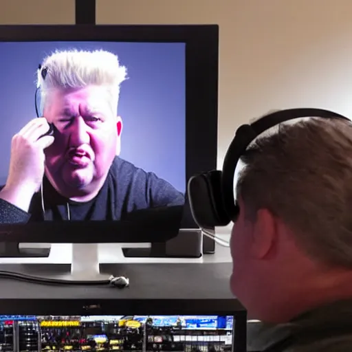 Image similar to obese David Lynch wearing a headset yelling at his monitor while playing WoW highly detailed wide angle lens 10:9 aspect ration award winning photography erasure head