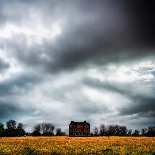 Prompt: old abandoned house in daisy field, cloudy sky, huge cloud, mist, ultra - realiste, cinematic, hd, 8 k