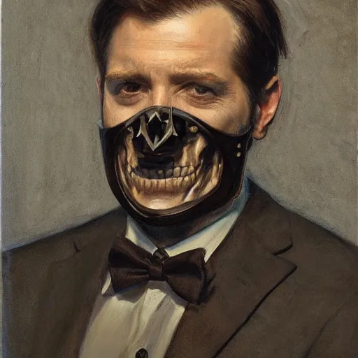 Image similar to frontal portrait of a dapper man with a skull mask, by donato giancola.