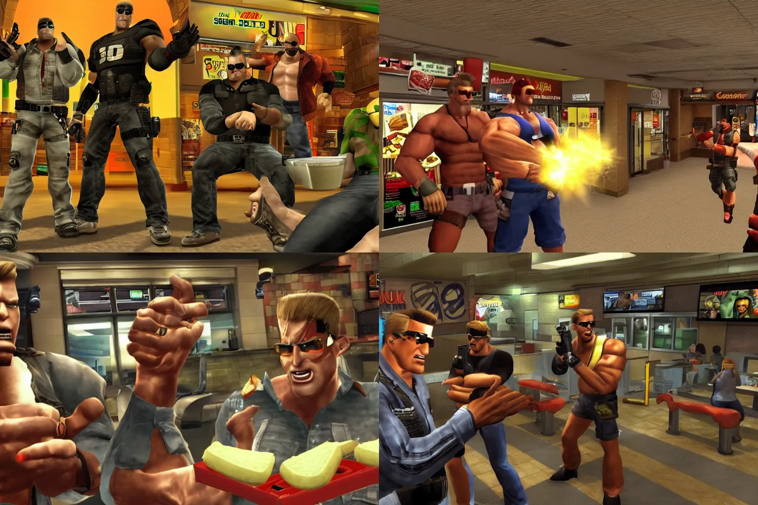 Prompt: wide shot of Duke Nukem and Serious Sam casually eating sandwiches at a Subway (the fast-food restaurant), as a screenshot of a cutscene rendered on the PS2 console; radiates masculine energy, emphasis on their cool faces