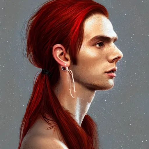 Image similar to portrait of a thin young man with long red hair, ponytail, a lot of freckles on his face, an earring, intricate, elegant, glowing lights, highly detailed, digital painting, artstation, concept art, smooth, sharp focus, illustration