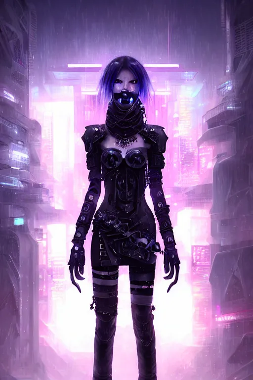 Image similar to portrait futuristic evil cyberpunk young female Death Knight, in futuristic snowy tokyo rooftop cyberpunk night, ssci-fi, fantasy, intricate, very very beautiful, elegant, neon light, highly detailed, digital painting, artstation, concept art, soft light, hdri, smooth, sharp focus, illustration, art by tian zi and craig mullins and WLOP and alphonse mucha