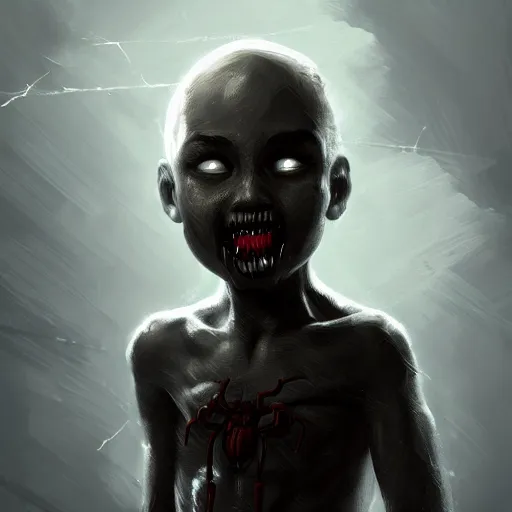 Prompt: child, black eyes, sharp teeth, spiderlegs, portrait, intricate, detailed, volumetric lighting, scenery, digital painting, highly detailed, artstation, sharp focus, illustration, concept art,