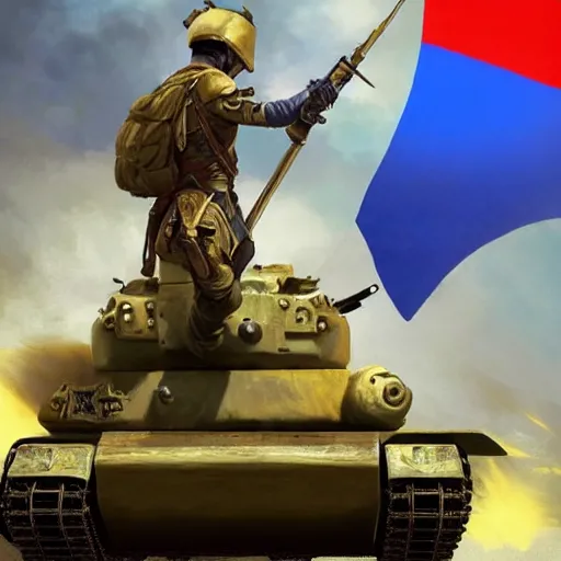 Image similar to a full body shot from distance from behind of a great soldier with a yellow and blue flag standing on a Russian tank in triumph after battle, western, masculine figure, D&D, fantasy, intricate, elegant, highly detailed, digital painting, artstation, concept art, matte, sharp focus, symmetrical, illustration, art by Artgerm and Greg Rutkowski and Alphonse Mucha