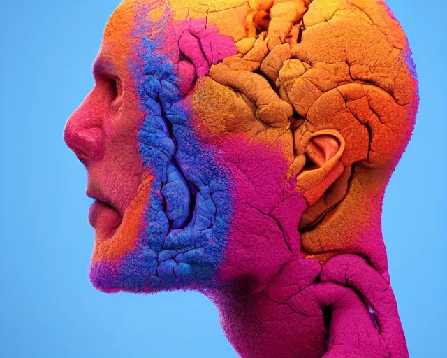 Prompt: insides of a human head explode outward as a huge mass of coloured powder, hyperrealistic, medical photography, anatomically correct, realistic textures, 8 k, art by lee griggs,