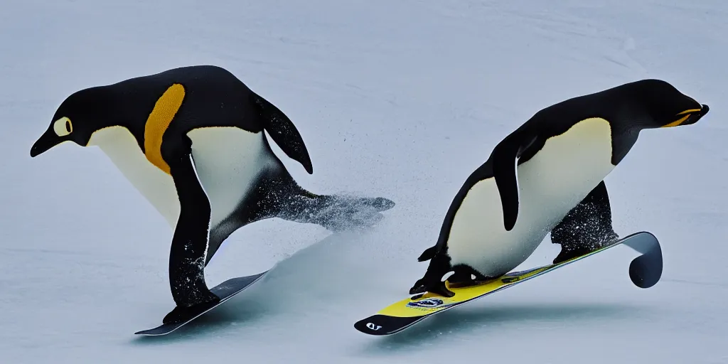 Image similar to ultrawide angle, high speed sporting photography of a penguin on a snowboard in the halfpipe winning the olympic medal, extremely detailed, 8 l