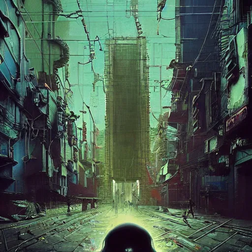 Prompt: a hyperrealistic painting of a cyberpunk city with cyborg pepe the frog walking through portals and robotic aliens, flying cars, cinematic horror by chris cunningham, richard corben, highly detailed, vivid color, beksinski painting, part by adrian ghenie and gerhard richter. art by takato yamamoto. masterpiece