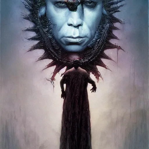 Image similar to Nicolas Cage as god of chaos in a hood dark fantasy, intricate, smooth, artstation, painted by Wayne Barlowe, zdislav beksinski