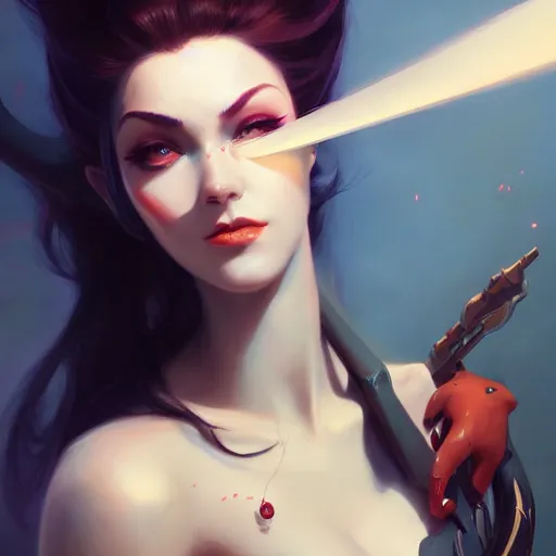 Image similar to a beautiful portrait of a beautiful widowmaker, art by pete mohrbacher and guweiz and ilya kuvshinov, digital art, highly detailed, intricate, sharp focus, trending on artstation hq, deviantart, unreal engine 5, 4 k uhd image