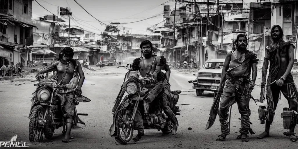 Image similar to sri lankan mad max style, city streets, film still, epic shot cinematography, rule of thirds