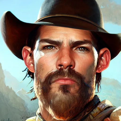 Image similar to rugged male cowboy, painted fantasy character portrait, highly detailed, digital painting, artstation, concept art, sharp focus, illustration, art by artgerm and greg rutkowski and alphonse mucha