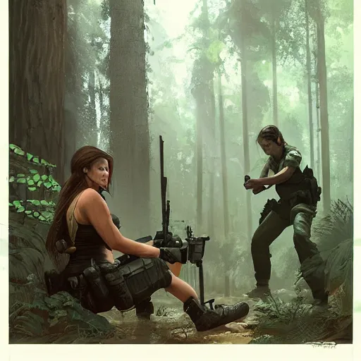 Image similar to photo of lara croft being arrested by cops in a forest, 8 k, by greg rutkowski, artgerm,