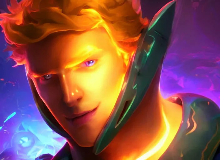 Image similar to glowwave portrait of curly orange haired man on a dark background from league of legends, au naturel, hyper detailed, digital art, trending in artstation, cinematic lighting, studio quality, smooth render, unreal engine 5 rendered, octane rendered, art style by pixar dreamworks warner bros disney riot games