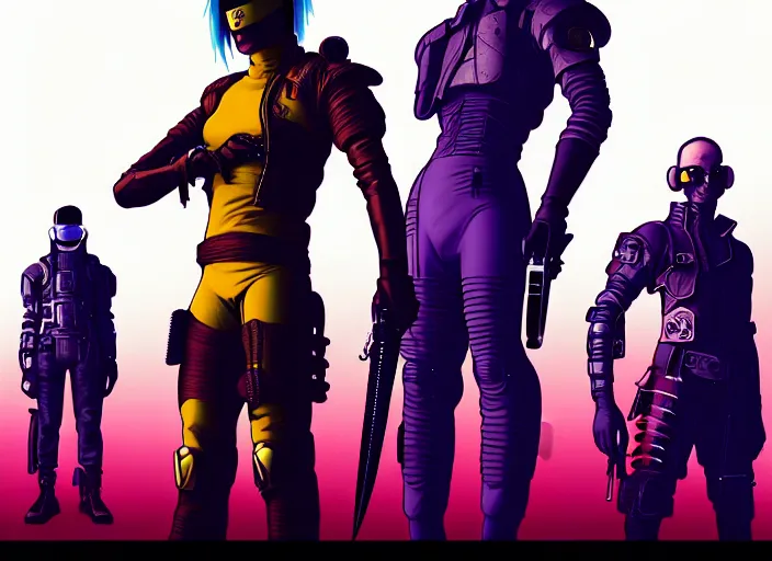 Image similar to cyberpunk elite samurai squad. portrait by stonehouse and mœbius and will eisner and gil elvgren and pixar. character design. realistic proportions. cyberpunk 2 0 7 7 character art, blade runner 2 0 4 9 concept art. cel shading. attractive face. thick lines. the team. diverse characters. artstationhq.