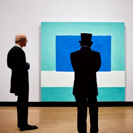 Image similar to in an art gallery, there is a huge painting of carmen herrera blue with white line. a man in a top hat and a suit is admiring the painting. cgsociety, surrealism, surrealist, dystopian art, purple color scheme