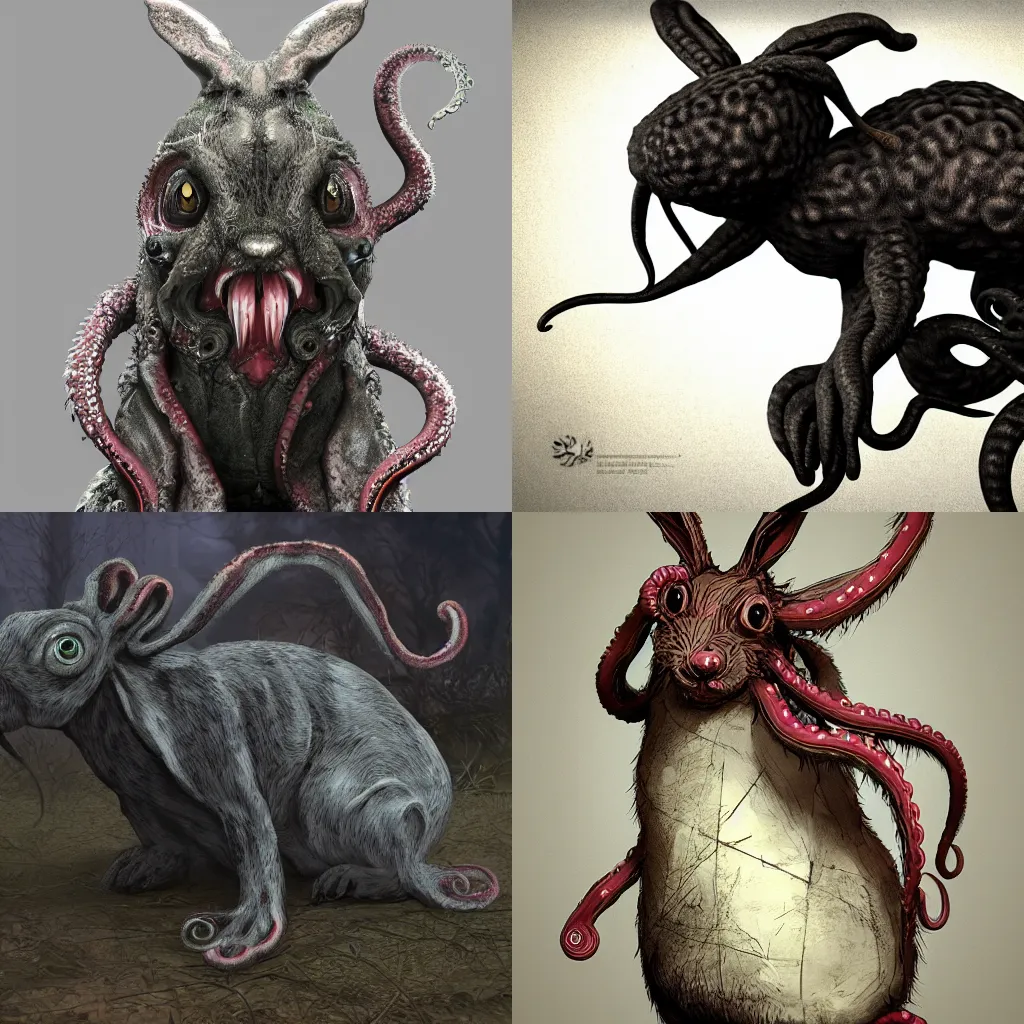 Prompt: hp lovecraft rabbit monster, tentacles coming out of it, horror, resident evil, trending on artstation HD, concept art, 3d render, bunny rabbit, hare, detailed fur, detailed textures