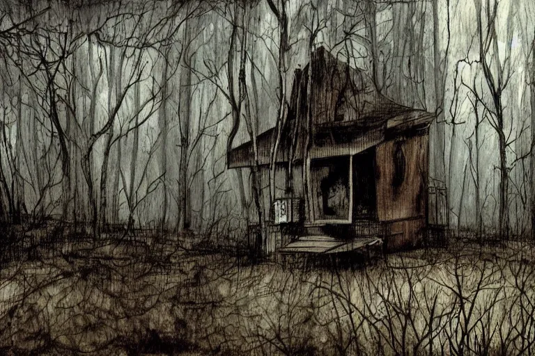 Image similar to mad horror painting of a cabine in the woods by ben templesmith