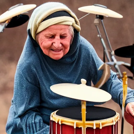 Image similar to a babushka playing drums while sitting on a wildebeest