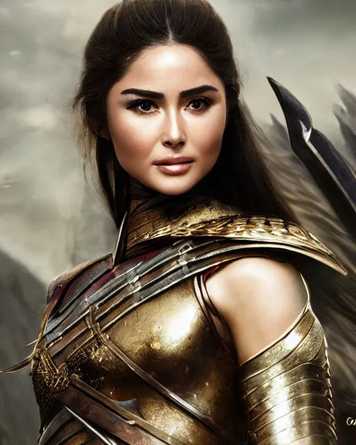 Prompt: Olivia Culpo as chinese warrior princess at the battle of helms deep, background: battle scene, clear makeup, clean hair, dry skin, clear skin, airbrushed, bright eye makeup, warrior body, photo by mario testino, 8k octane render, cinematic, hyper detailed, micro details, insanely detailed, trending on artstation, concept art