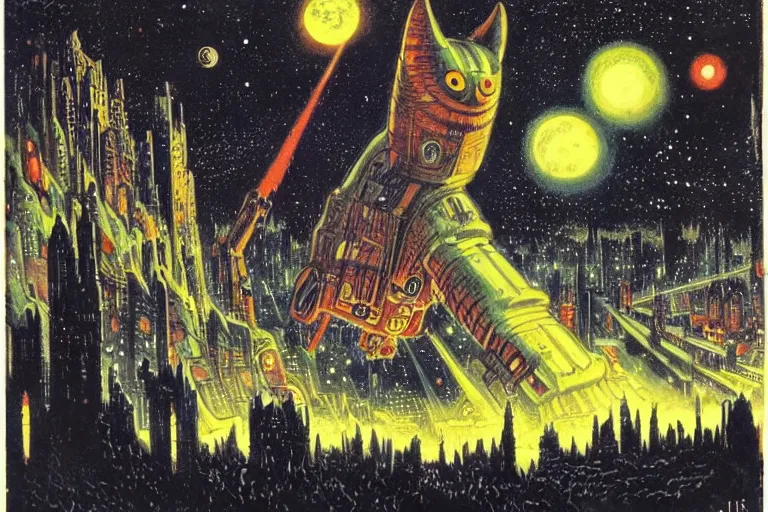 Image similar to a scifi illustration, Night City on Hoth by Louis Wain (1920)