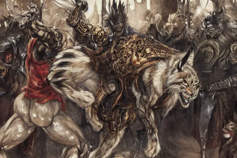 Image similar to 8k Yoshitaka Amano painting of upper body of a young cool looking lynx beast-man with white mane at a medieval market at windy day. Depth of field. He is wearing complex fantasy armors. He has huge paws. Renaissance style lighting.