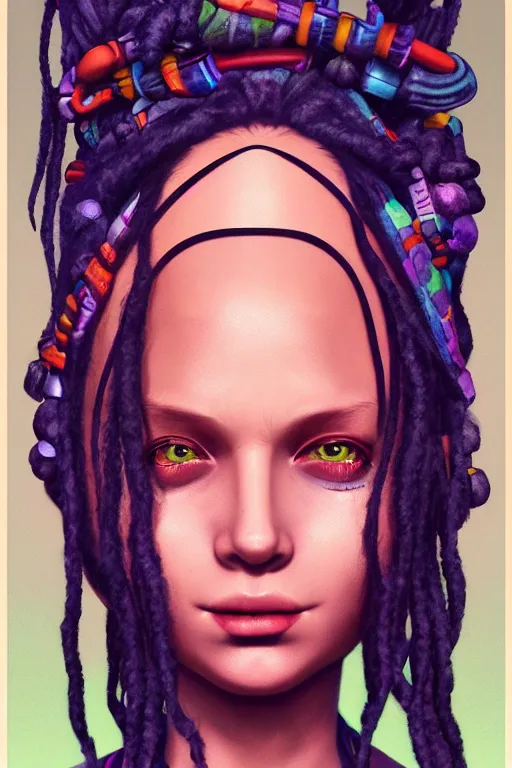 Image similar to vaporwave, hippie girl with dreads, straight on, by artgerm, jamie hewlett, tom bagshaw, gerald brom, 4 k, smooth, hd, substance designer render, full body character concept art,