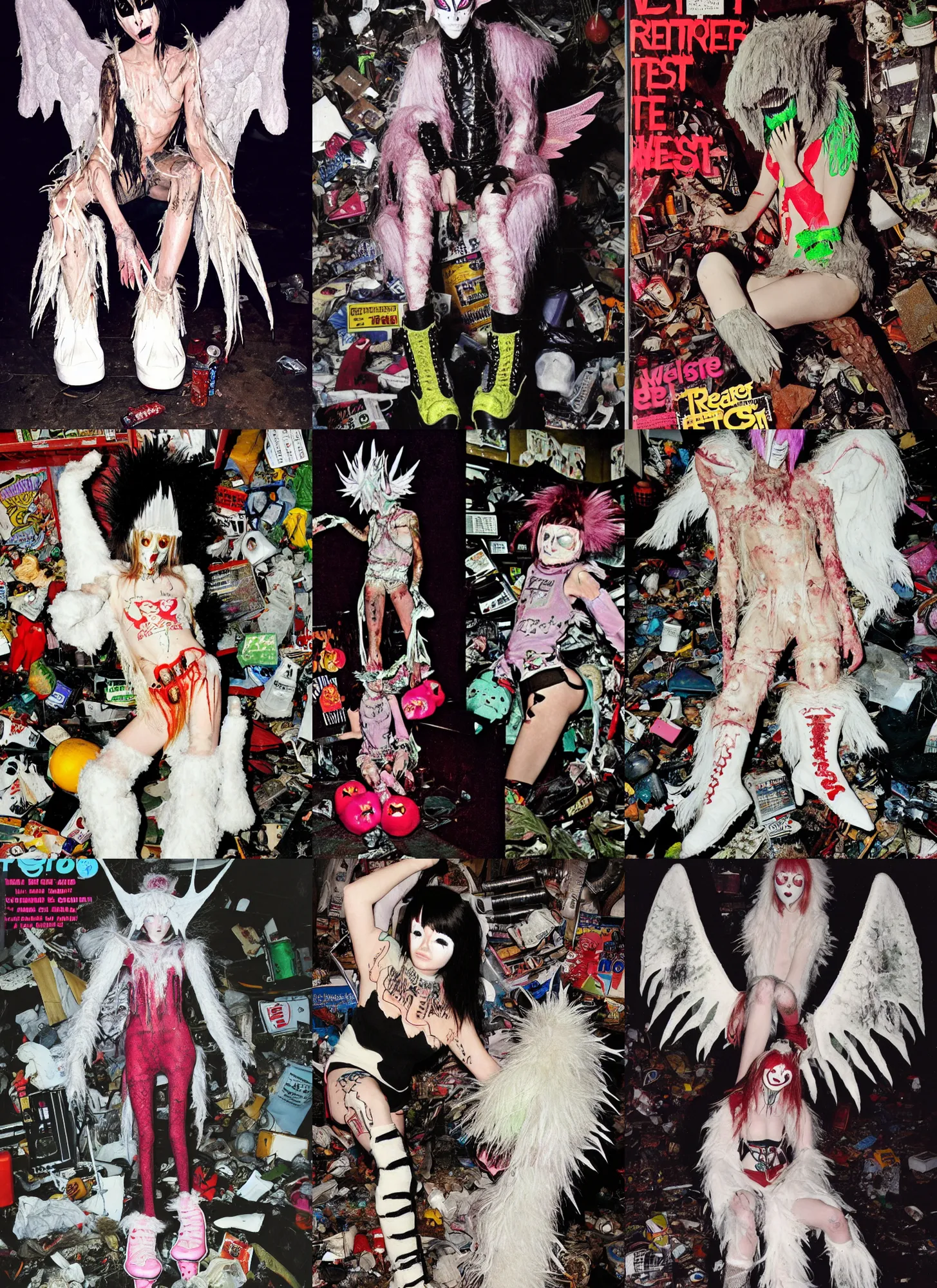 Prompt: photo of lace elf angel wing alien wearing ripped up dirty Swear kiss monster teeth yeti platform boots in the style of Ryan Trecartin in the style of 1990's FRUiTS magazine 20471120 by Walter Van Beirendonck W&LT in japan in a dirty dark dark dark poorly lit bedroom full of trash and garbage server racks and cables everywhere in the style of Juergen Teller in the style of Shoichi Aoki, japanese street fashion, KEROUAC magazine, Walter Van Beirendonck W&LT 1990's, Vivienne Westwood, y2K aesthetic