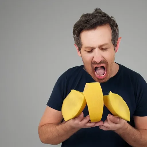 Prompt: man eating fruit made out of paper