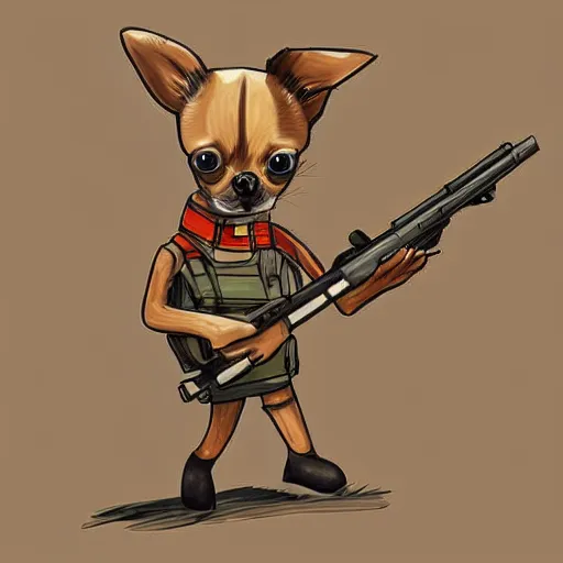 Prompt: cute chihuahua holding a sniper rifle, digital art