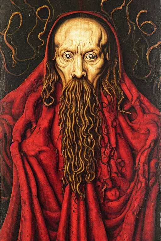 Image similar to portrait of cthulhu, oil painting by jan van eyck, northern renaissance art, oil on canvas, wet - on - wet technique, realistic, expressive emotions, intricate textures, illusionistic detail