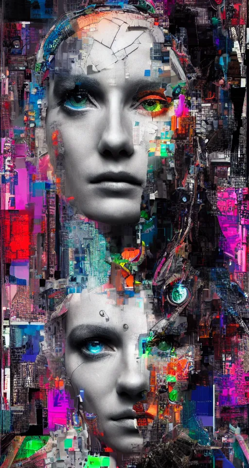 Prompt: Portrait of a Cyborg Queen, cyberpunk, collage art, mixed media, hypermaximalist, photo realistic, 8k