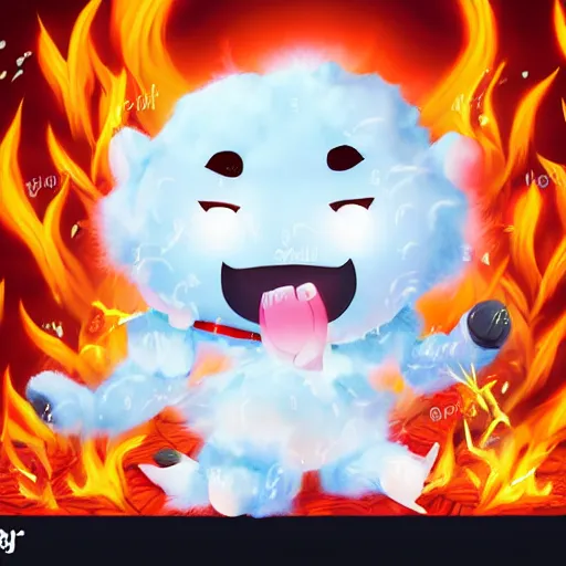 Image similar to kawaii wacky fluffy popcorn with lightning bolt power, yokai, in the style of a manga character, with a smiling face and flames for hair, sitting on a lotus flower, white background, simple, clean composition, symmetrical