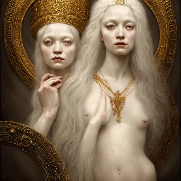 Image similar to renaissance style a wonderful woman albino goddess with a wonderful face and long intricate hair with a beautiful porcelain symmetrical body dressed with a majestic warp ornate semi transparent cream long cotton dress, hightly ornate, intricate, detailed, dramatic light, award winning, octane render, tom bagshaw style