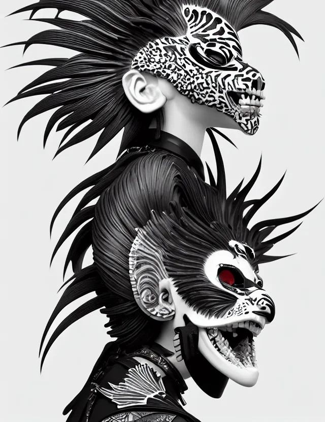 Image similar to 3 d goddess close - up profile simple portrait punk with mohawk with tiger skull. beautiful intricately detailed japanese crow kitsune mask and clasical japanese kimono. betta fish, jellyfish phoenix, bio luminescent, plasma, ice, water, wind, creature, artwork by tooth wu and wlop and beeple and greg rutkowski