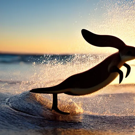 Image similar to a closeup photorealistic photograph of a cute kangaroo - otter hybrid splashing in the surf during sunset. professional capture, well lit shot. this 4 k hd image is trending on artstation, featured on behance, well - rendered, extra crisp, features intricate detail, epic composition and the style of unreal engine.